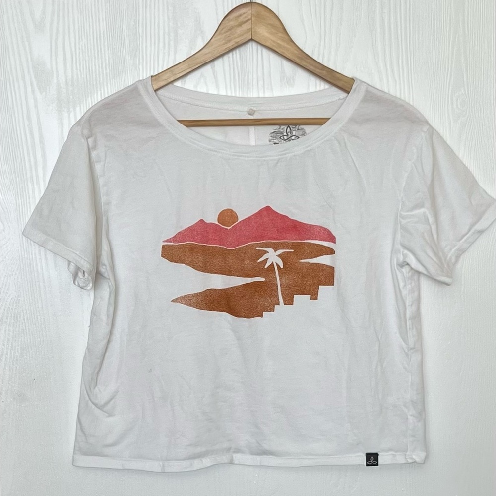 Prana White Tee with Pink and Brown Graphic